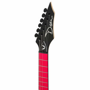 Dean Custom Zone Florescent Pink Electric Guitar, showcasing close-up of strings and neck, highlighting its sleek design and classic Dean playability with two humbuckers and vintage tremolo.