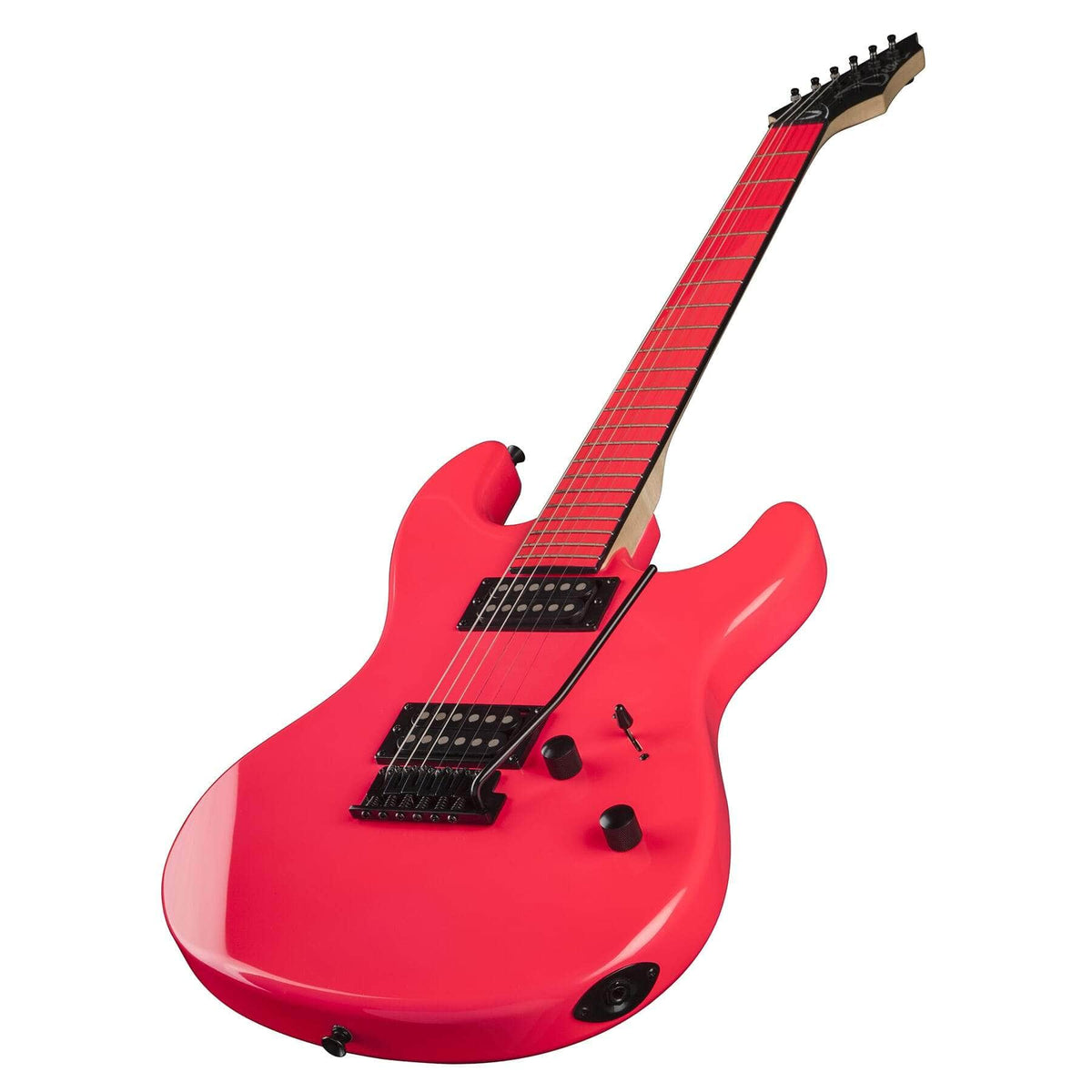 Dean Custom Zone Florescent Pink Electric Guitar with black knobs, maple neck, and vintage tremolo, designed for fast attack and durability.