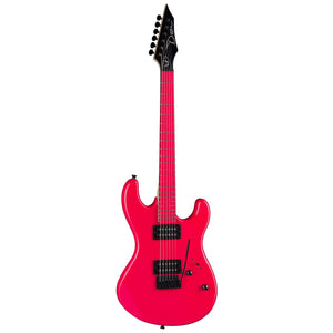 Dean Custom Zone Florescent Pink Electric Guitar with black strings, featuring a sleek design, maple neck, and vintage tremolo for fast attack and rugged durability.