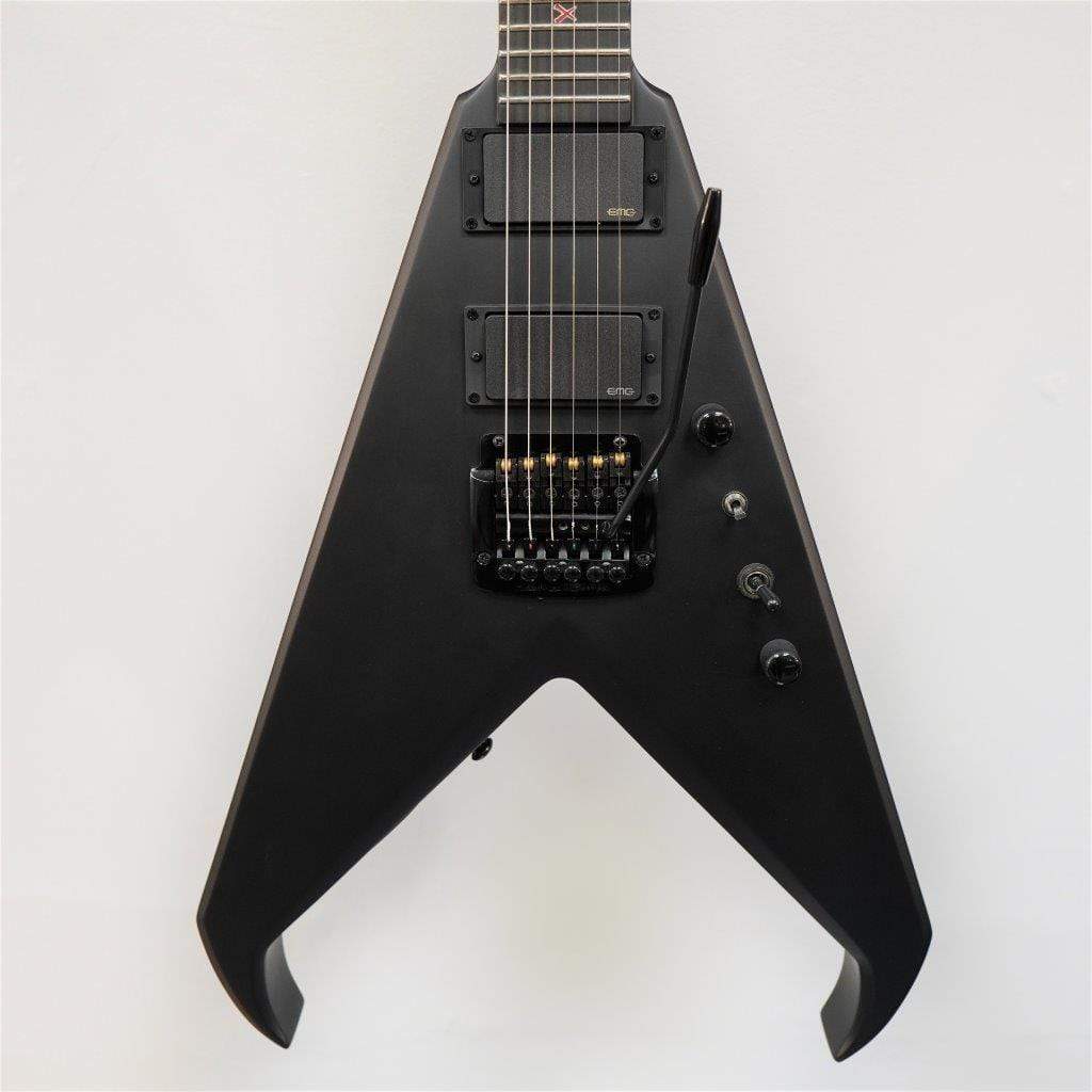 Dean Kerry King V Black Satin electric guitar with V-shaped body, ebony fingerboard, and jumbo frets, featuring EMG pickups and Kahler Hybrid tremolo system.