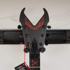 Dean Kerry King V Black Satin guitar with red wings, featuring a unique V-shaped mahogany body and EMG 81/85 pickups.