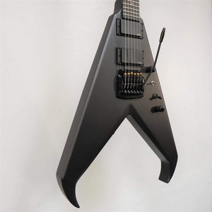 Dean Kerry King V Signature Black Satin Electric Guitar with microphone and cable, featuring 24 jumbo frets, EMG pickups, and Kahler Hybrid tremolo system.