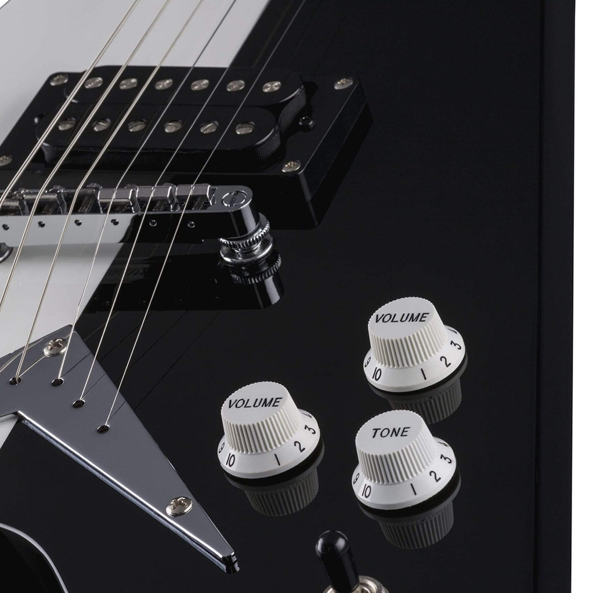 Dean Michael Schenker V Bolt-On Standard electric guitar close-up showing white volume knobs and dual humbucking pickups.