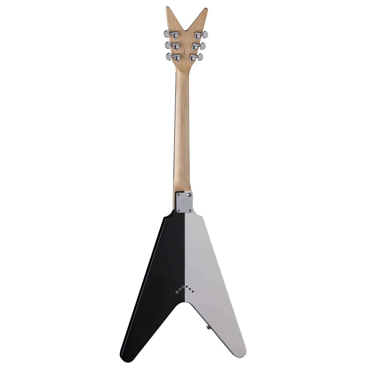 Dean Michael Schenker V Bolt-On Standard guitar with a triangle body, close-up of metal plate, and wooden handle details.