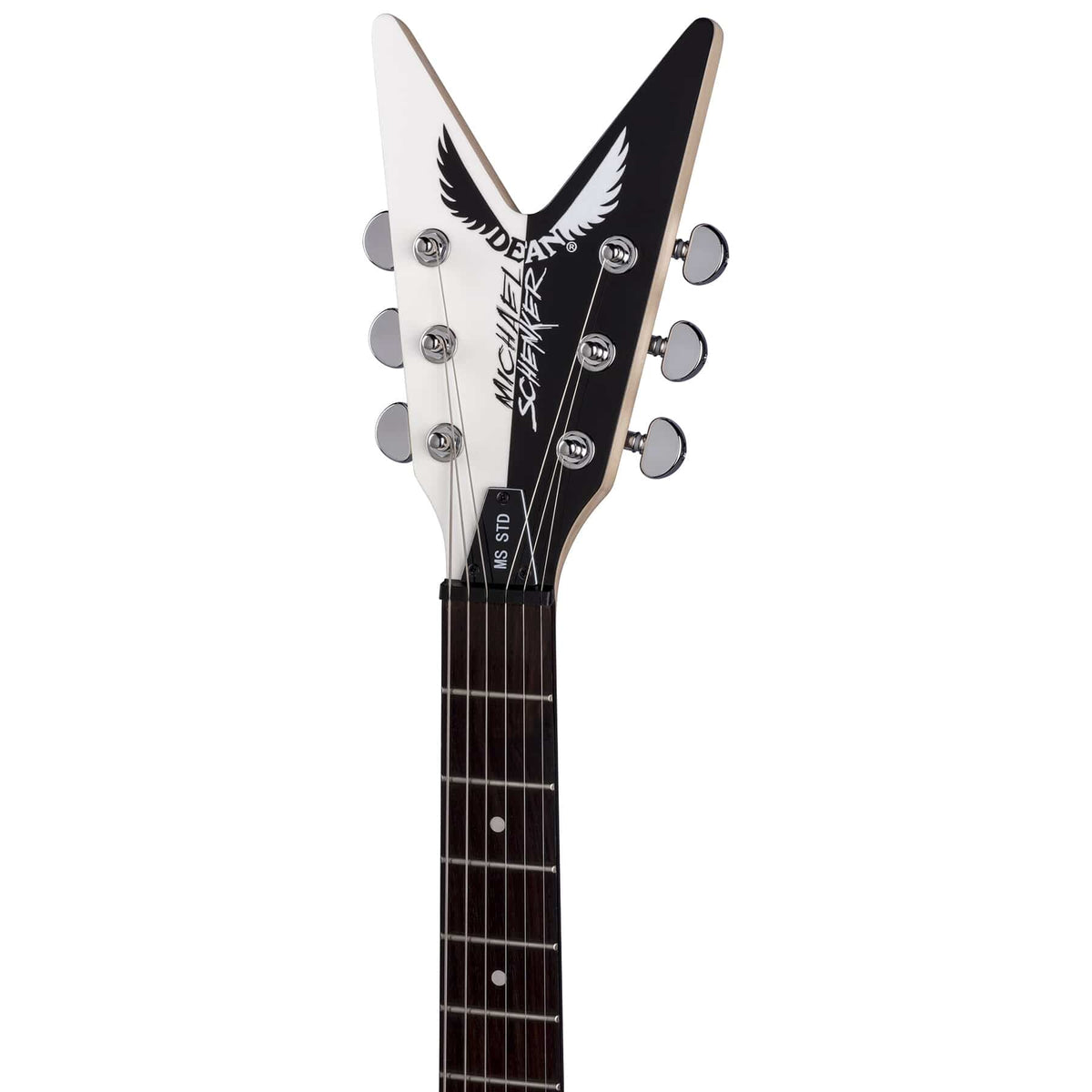 Dean Michael Schenker V Bolt-On Standard electric guitar close-up, highlighting the signature V headstock, Grover tuners, and dual humbucking pickups.