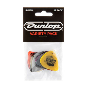 Dunlop LT/Med Variety 12 Pack of guitar picks in a black package, featuring Nylon, Max-Grip, Celluloid, Gator Grip, Tortex, and Ultex picks.