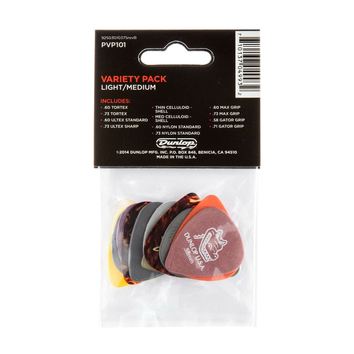 Dunlop LT/Med Variety 12 Pack: A package of 12 popular guitar picks, including Nylon Standard, Max-Grip, Celluloid, Gator Grip, Tortex, and Ultex, in various gauges.