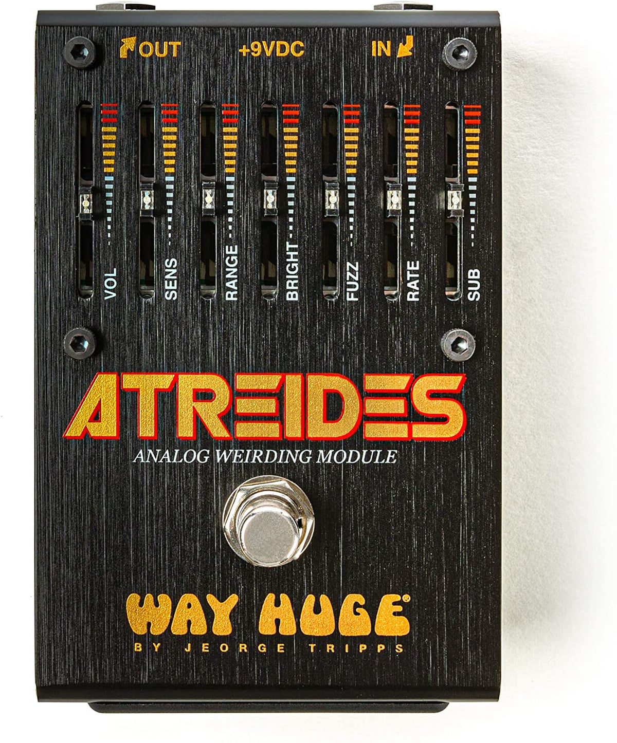 Dunlop Way Huge Atreides Analog Weirding Module: a black box with buttons and dials, offering unique synth-like tones through adjustable sliders and dynamic playing.