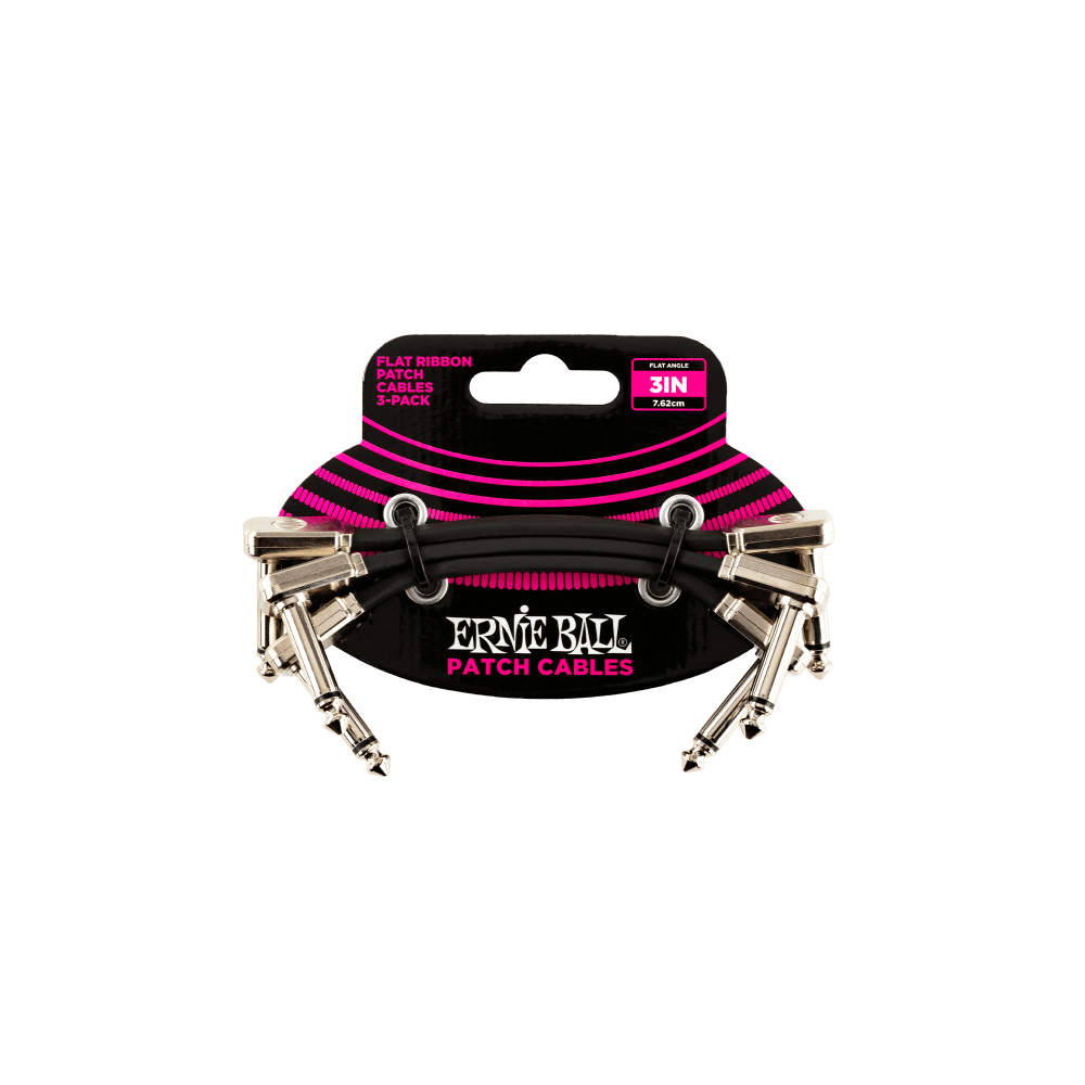 Ernie Ball Flat Ribbon Pedalboard Patch Cable Right Angle to Right Angle 3 inch 3-pack, featuring durable PVC jacket and low-profile connectors for optimal pedalboard layout and minimal signal interference.