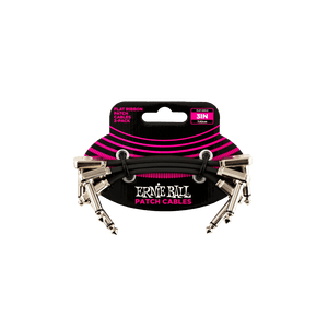 Ernie Ball Flat Ribbon Pedalboard Patch Cable Right Angle to Right Angle 3 inch 3-pack, featuring durable PVC jacket and low-profile connectors for optimal pedalboard layout and minimal signal interference.