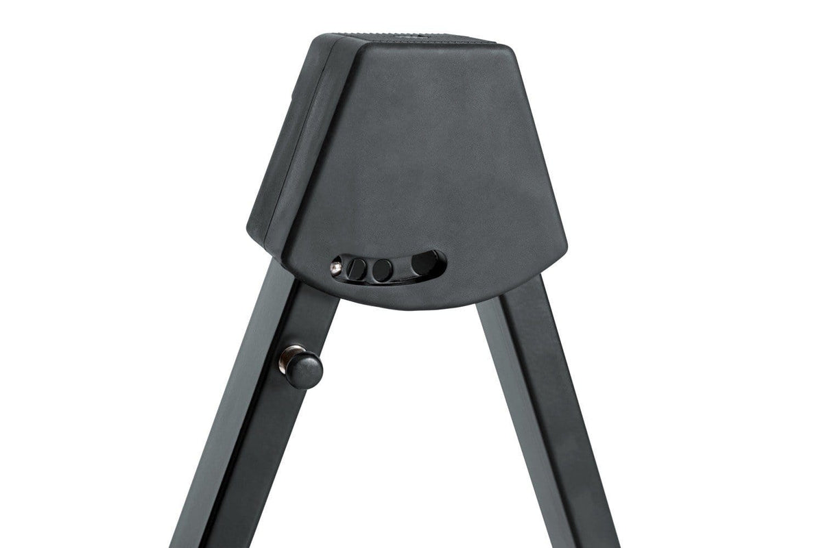 Gator Frameworks A Style Guitar Stand with knob and adjustable width, suitable for guitars and ukuleles, featuring a foldable design and rubberized cradle padding.