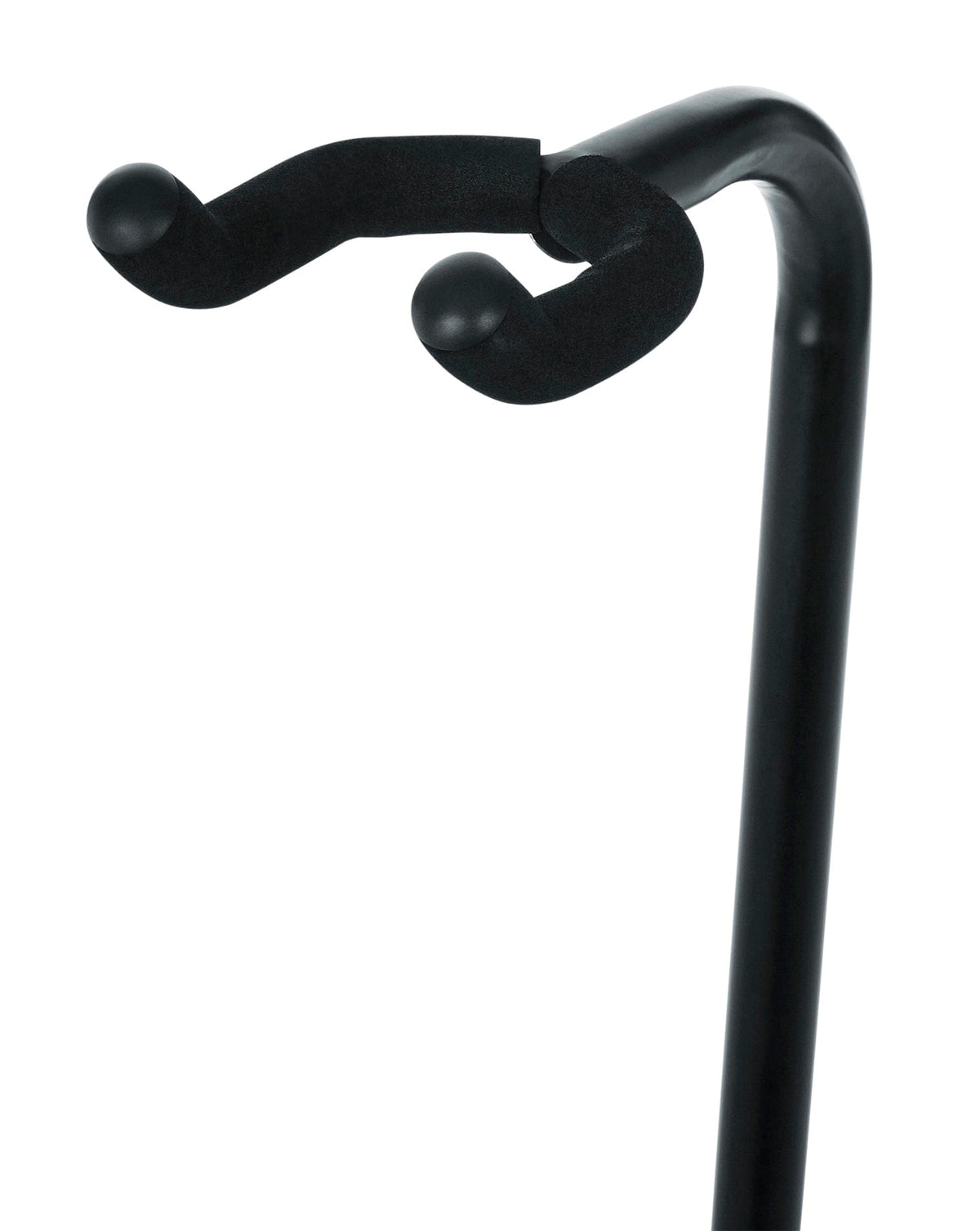 Gator Frameworks Hanging Guitar Stand with black handle and rubberized padding, designed for electric or acoustic guitars, featuring adjustable height and durable construction.