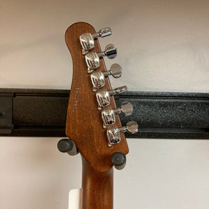 Close-up of the Godin Stadium HT Trans White RN guitar, showcasing its Custom T-Ashtray Bridge and smooth Hard Rock Maple Neck.