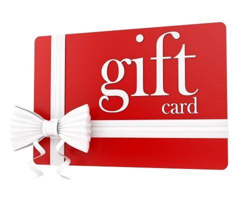 Gift Card with white ribbon and bow, from Guitars on Main, perfect for purchasing guitars and accessories, available in various denominations.