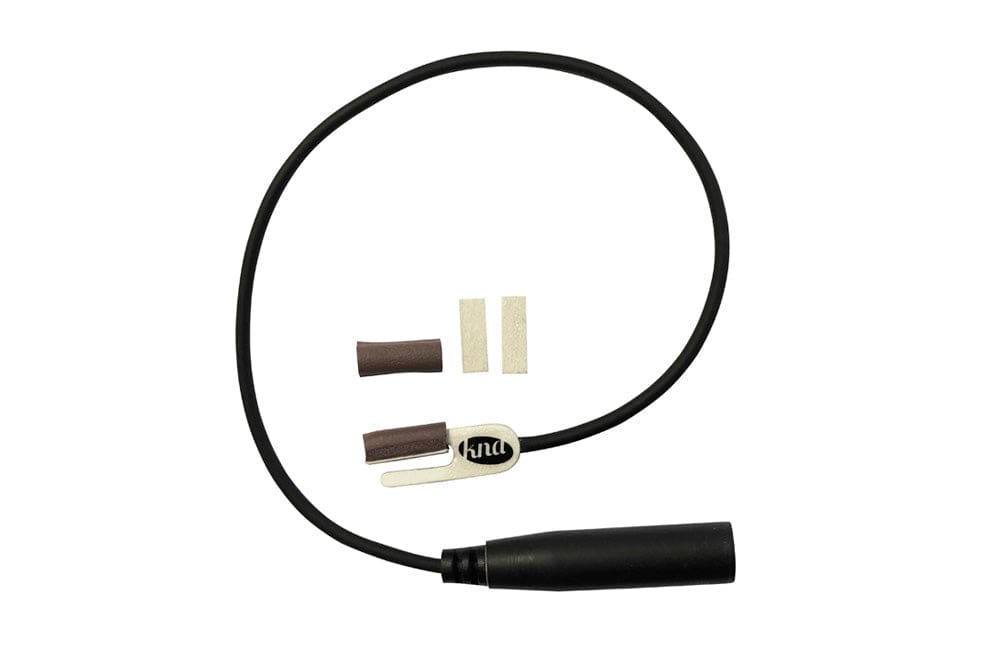 KNA BP-1 Portable Piezo Banjo Pickup close-up showing black handle and cable, designed for natural banjo tone capture with minimal feedback.