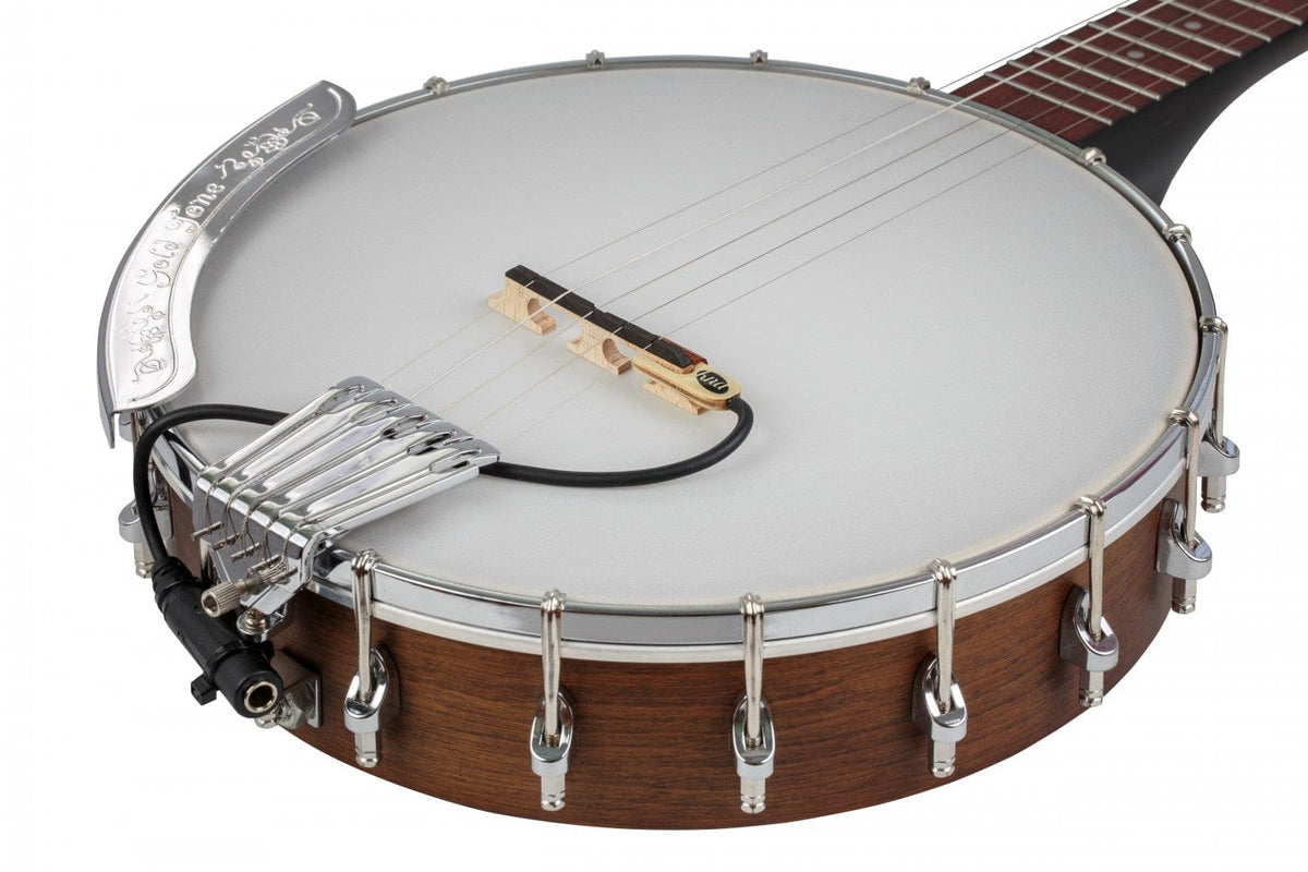 Close-up of the KNA BP-1 Portable Piezo Banjo Pickup attached to a banjo, highlighting its compact, detachable design for capturing natural tones.