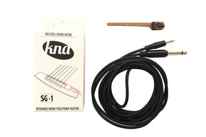 KNA SG-1 Portable Piezo Pickup for Steel String Guitar shown with black cable and lightweight tonewood box, designed for easy, secure installation.