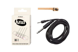 KNA UK-1 Detachable Piezo Ukulele Pickup in a box with a black cable and wooden handle, for easy, non-invasive ukulele amplification.