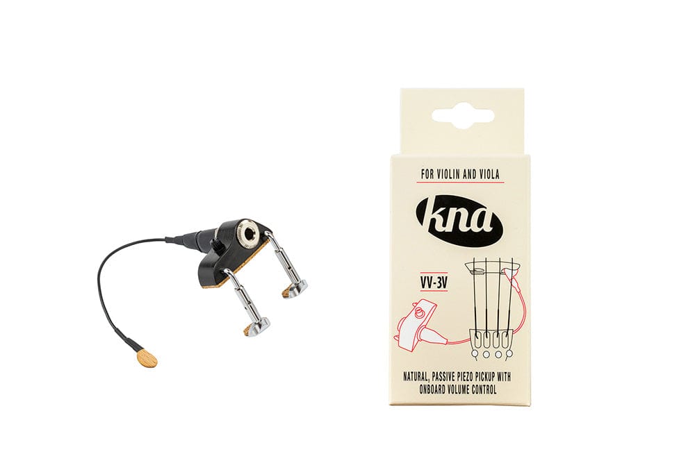 KNA VV-3V Portable Piezo Violin/Viola Pickup with Volume Control, shown with a headset and a branded box.