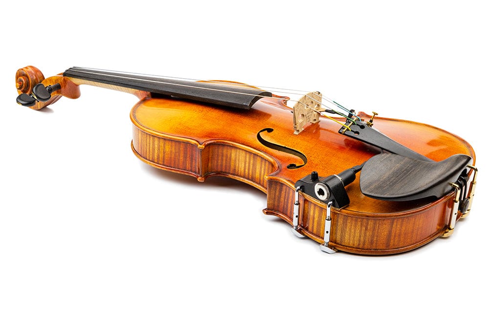 KNA VV-3V Portable Piezo Violin/Viola Pickup with Volume Control, shown attached to a violin&#39;s body.