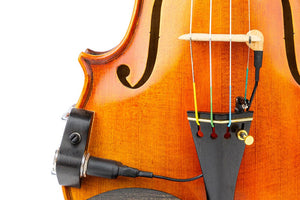 KNA VV-3V Portable Piezo Violin/Viola Pickup with Volume Control, shown close-up on a violin, highlighting its adjustable barrel clamps.