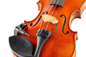 KNA VV-3V Portable Piezo Violin/Viola Pickup with Volume Control attached to a violin, highlighting its barrel clamps and onboard volume control.