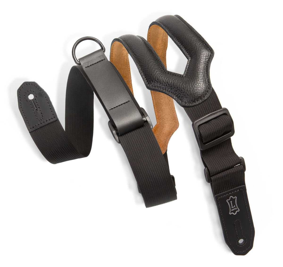 Levy&#39;s MRHSS-BLK 3 Wide Right Height Guitar Strap featuring black leather and ergonomic design with RipChord™ Technology for easy adjustment.