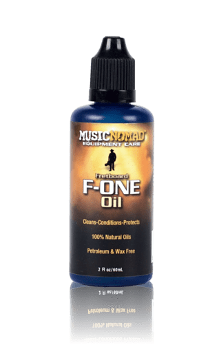 Music Nomad F-ONE Fretboard Oil - Cleaner &amp; Conditioner 2oz bottle with black cap, featuring a label with a man’s silhouette and black-gold text.