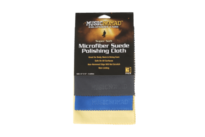 Music Nomad Microfiber Suede Polishing Cloth 3-pack, ideal for cleaning guitars and other string instruments, shown in a close-up package.