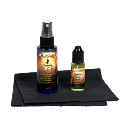 Music Nomad Premium Guitar Care Pack - 3 Piece: includes a 2 oz. cleaner/polish bottle, 0.5 oz. fretboard oil bottle, and a 12x12 microfiber cloth.