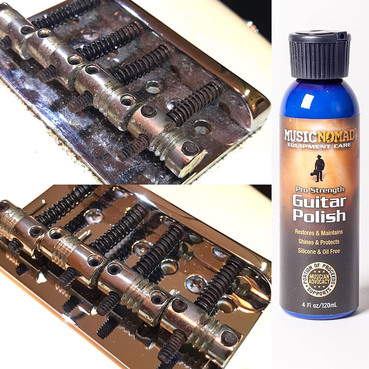 Music Nomad Premium Pro-Strength Guitar Polish, 4 oz., shown in a collage of bottle and metal parts for restoring and shining guitar surfaces.