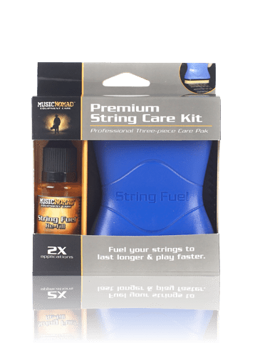 Music Nomad Premium String Care Kit, featuring a bottle of lubricant and ergonomic applicator, designed to clean, lubricate, and enhance guitar string performance.