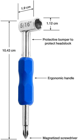 Music Nomad Premium Truss Rod Wrench - 5/16, featuring a blue ergonomic handle, magnetized screwdriver, and protective bumper for precise guitar adjustments.