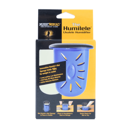 Music Nomad The Humilele - Ukulele Humidifier, a blue plastic container designed to keep ukuleles hydrated and prevent wood damage.