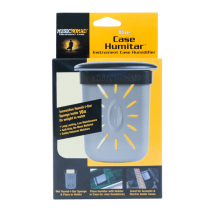 Music Nomad The Humitar Case Humidifier in a grey case, designed for string instrument care, shown in packaging with yellow text highlighting features.