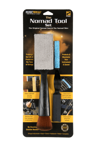 Close-up of Music Nomad The Nomad Tool Set-2 pack, featuring a dual-sided cleaning brush and microfiber pad for maintaining stringed instruments.