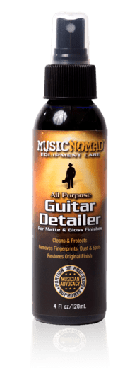 Music Nomad Guitar Detailer for Matte &amp; Gloss Finishes, a spray bottle with a black and yellow label, designed for cleaning and enhancing guitar finishes.