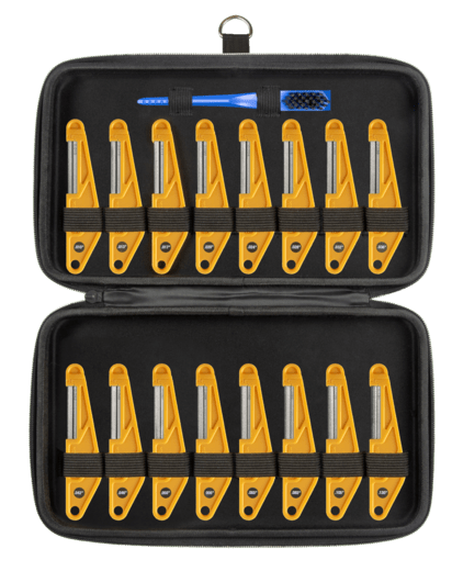 Music Nomad 16 pc. Diamond Coated Nut File Complete Shop Set in a black case with yellow ergonomic handles and a cleaning brush.