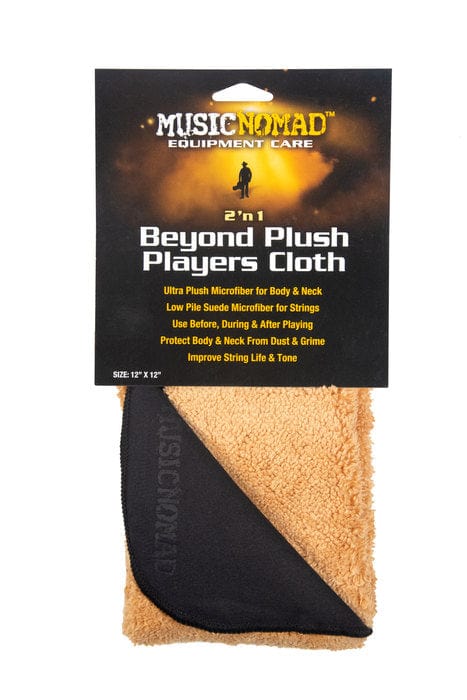 MusicNomad 2 &#39;n 1 Beyond Plush Players Cloth, a premium microfiber cleaning cloth with a black ribbon, designed for musicians to clean and polish instruments.