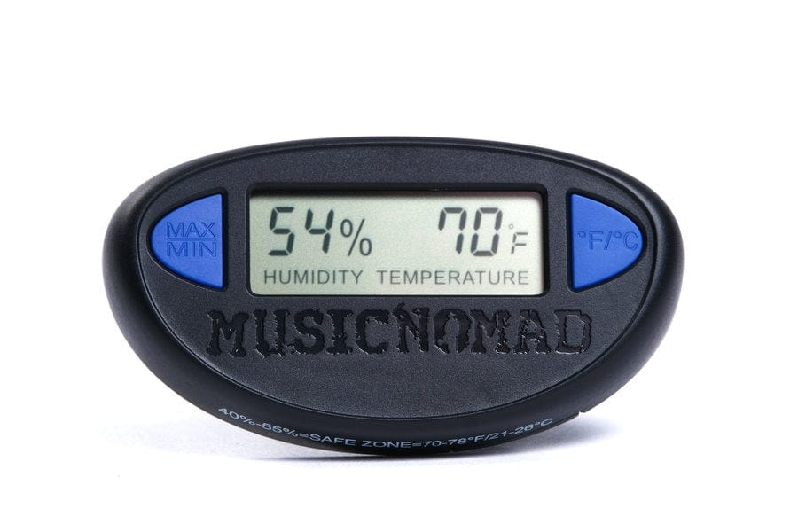 Music Nomad Hone Guitar Hygrometer, a black and blue digital thermometer, designed for monitoring humidity and temperature of string instruments.