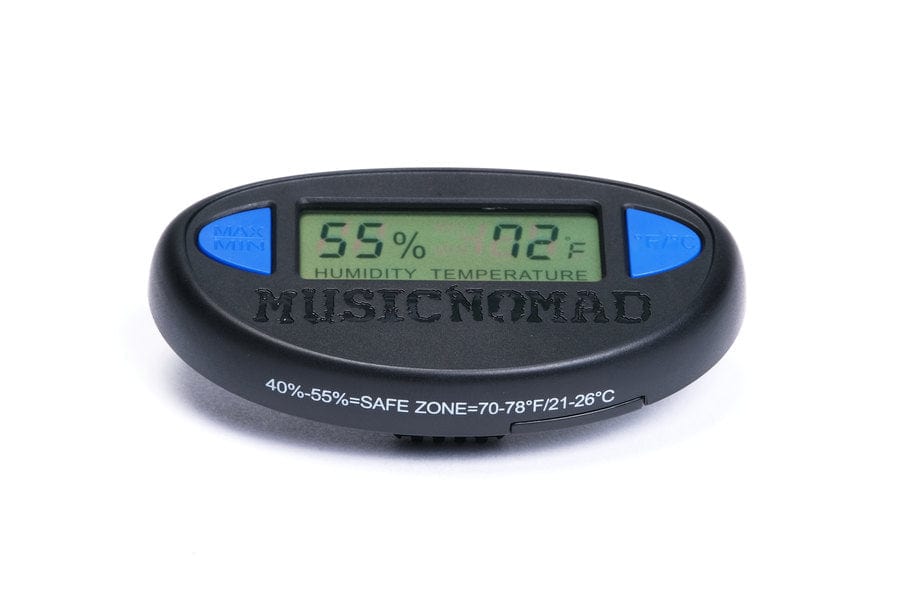 Music Nomad Hone Guitar Hygrometer, a black and blue device for monitoring temperature and humidity, designed to clip onto guitar strings or fit in cases.