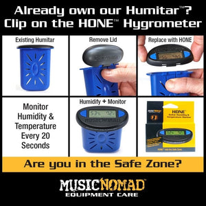 Collage of Music Nomad Hone Guitar Hygrometers, displaying digital screens and compact designs for monitoring humidity and temperature to protect string instruments.