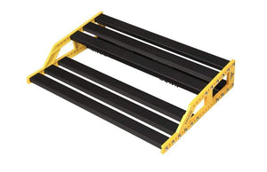 NUX Bumblebee Large Pedal Board, a durable black and yellow metal rack with customizable platforms for organizing guitar pedals and cables efficiently.