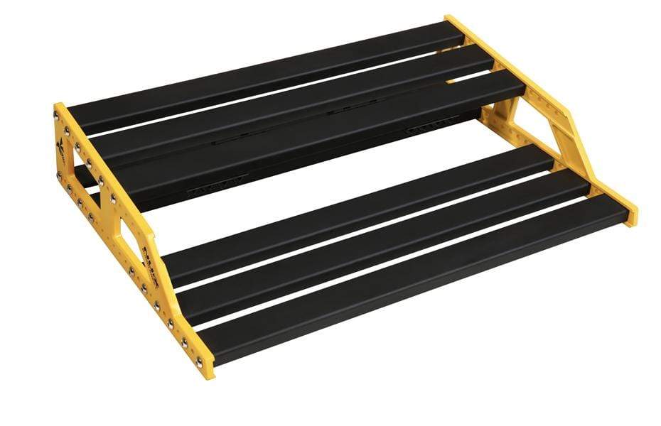 NUX Bumblebee Large Pedal Board, black and yellow, lightweight anodized aluminum, customizable platform bars, solid design for organizing guitar pedals efficiently.