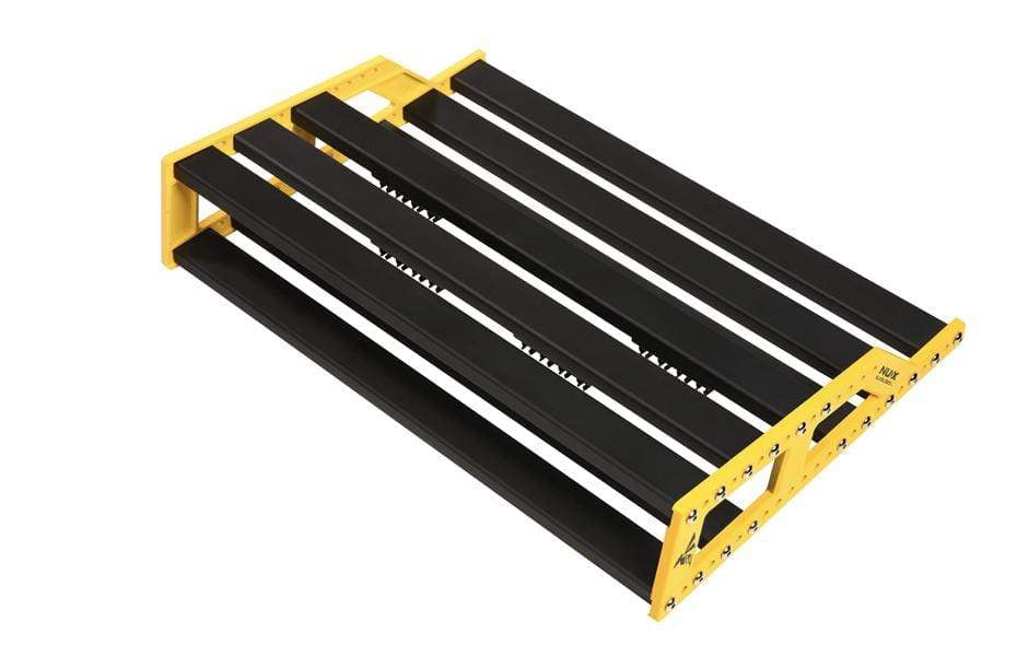 NUX Bumblebee Large Pedal Board, a durable, lightweight, black and yellow metal pedalboard designed for customizable and efficient organization of guitar pedals.