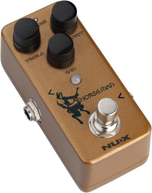 NUX Horseman Overdrive Pedal with dual modes, three dials, and compact design, replicating classic Centaur overdrive.