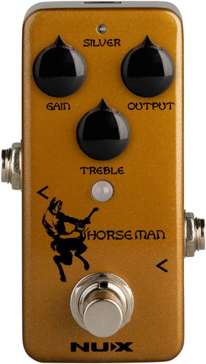 NUX Horseman Overdrive Pedal, a compact dual-mode guitar pedal with three dials for settings, providing clean boost and natural distortion.