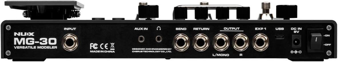 Close-up of the NUX MG-30 Multi Effects Pedal, showcasing knobs and switches for intuitive guitar effects control.