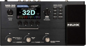 Close-up of the NUX MG-30 Multi Effects Pedal featuring a large LCD screen and various controls for guitar amp and effect settings.