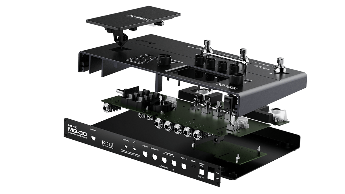 NUX MG-30 Multi Effects Pedal featuring knobs, switches, and a large colorful LCD for intuitive navigation and quick editing.